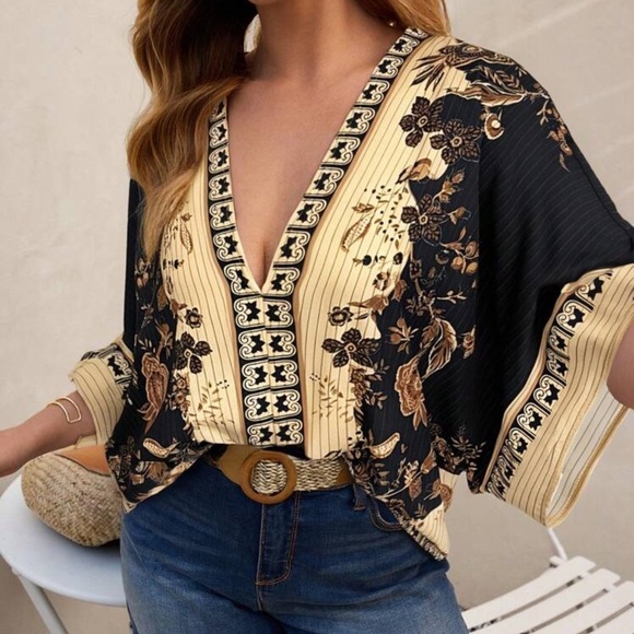 Breezaya Plus Size Positioning Printed Deep V-Neck Casual Loose Vacation Shirt - Picture 2 of 4